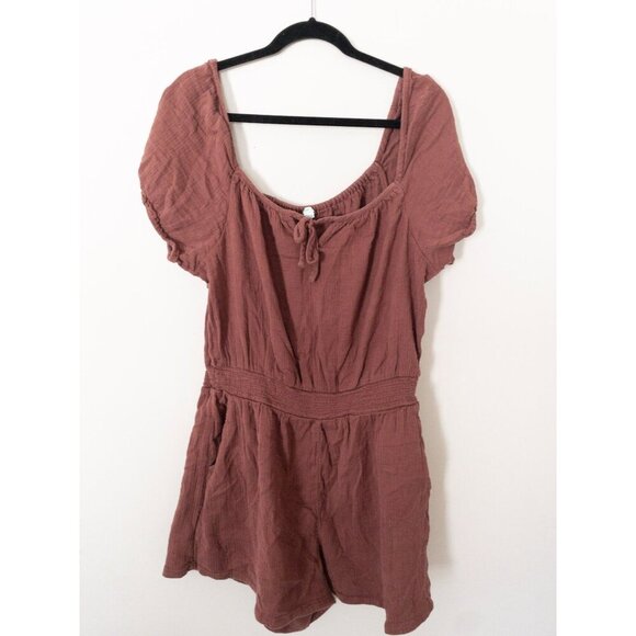 aerie Pants - Aerie Mauve Short-Sleeve Romper With Elastic Waist & Scoop Neckline